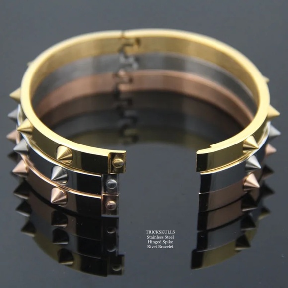 Rivet Spiked Stainless Steel Spikes Hinged Cuff Bracelet Retro Glam Punk Gothic - Picture 6 of 9